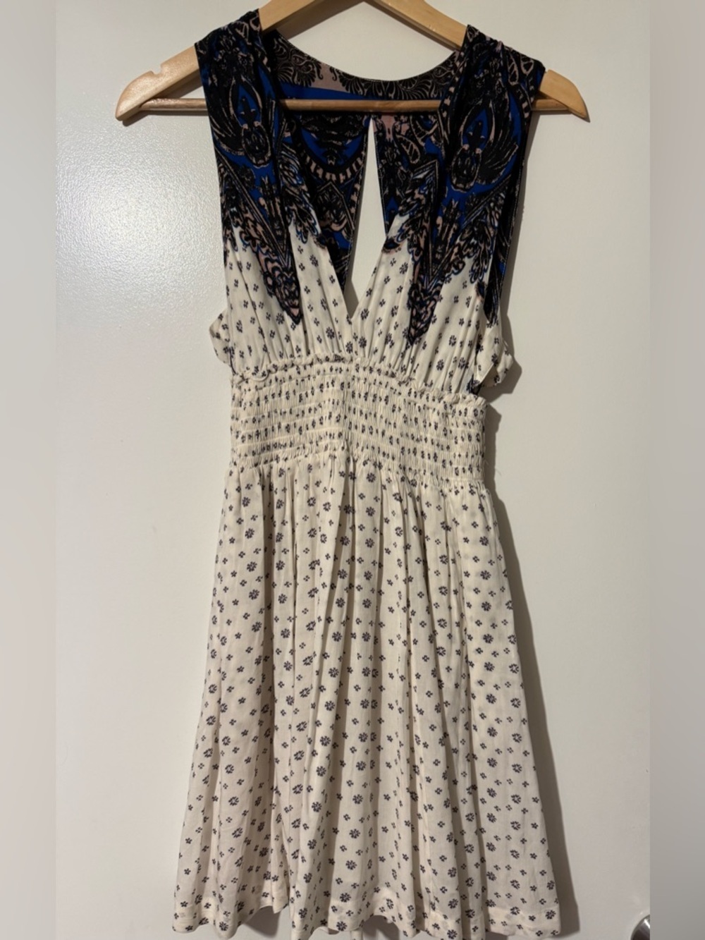 Free People Cream Printed V-Neck Smocked Mini Dress with Blue Embroidered Yoke - Picture 4 of 6